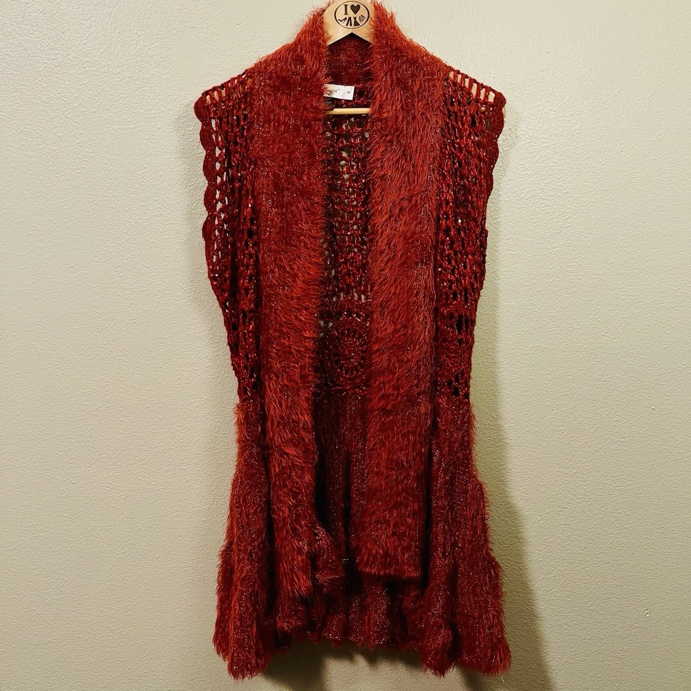 Urban Mangoz Open Knit Long Vest Crochet‎ Orange Cozy Boho Cottage Fuzzy Size M
